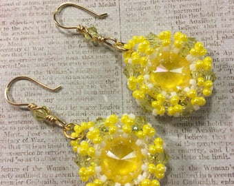 New Swarovski Buttercup Yellow Crystal Rivoli Beaded Drop Earrings 14K Gold Seed Bead Earrings Yellow Crystal Drop Earrings