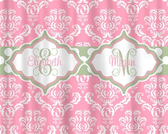 Custom Personalized Damask Shower Curtain - Shown in Pink White and Sage Accent