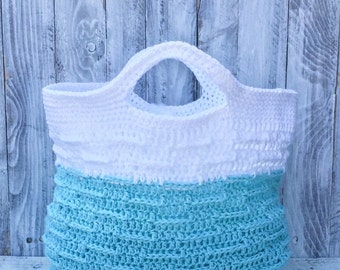 Crochet tote, crochet summer beach bag, white and teal summer bag, crochet summer tote, summer beach bag, summer beach purse, crochet beach