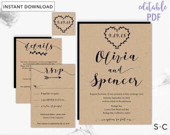 Rustic Wedding Invitation Template, Printable Wedding Invitation,Boho Wedding Invitation, Wedding Invitation Cards