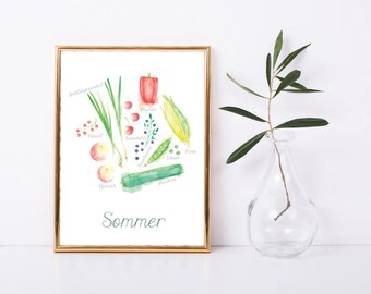 Art print fruits and vegetables SUMMER, kitchen print, print seasonal cooking