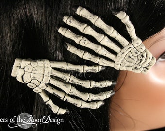 Skeleton hands hair clips with painted Black nails pair -- Sisters of the Moon