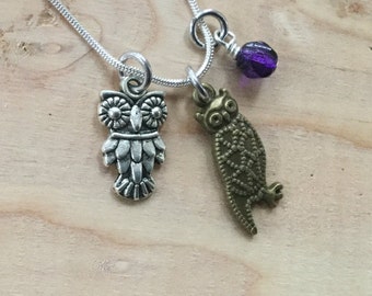 SALE- Owl Charm Necklace with purple accent bead- only 1 available