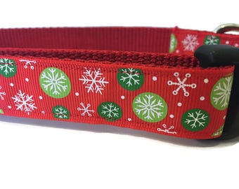Christmas Dog Collar, Red Snowflakes, adjustable, 1 inch, medium, 15-22 inches, heavy nylon, quick release buckle