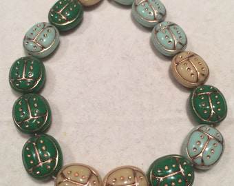 Lady Bug Beads - 13mm - Mix Green Blue Tan - Czech Glass - 15 Beads - 0462/LAD