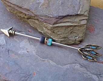 Gold Industrial Barbell Arrow Turquoise Feather Industrial Piercing Scaffold Piercing