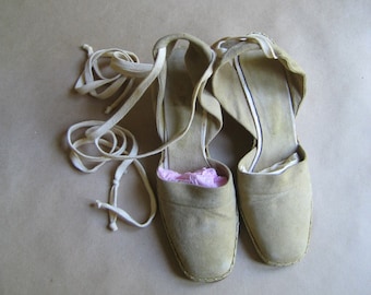Beige Suede Wedge Heels Ankle Tie Strings
