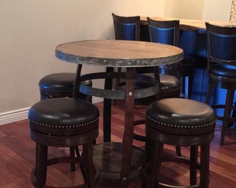 Wine Barrel Pub Table Metal Banded Pine Top (Dark Walnut Finish)