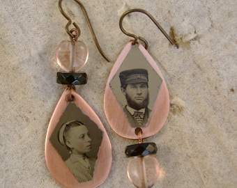 Betrothed - Antique 1870s Tintype Photographs Asymmetrical Copper Hearts Rosary Beads Niobium Wires Recycled Earrings