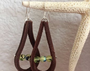 Dark Brown Leather Earrings with Iridescent Beads