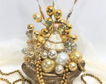 Sale! Chic Christmas Arrangement diorama Bottle Brush Tree Mercury Glass Ornament Bronze Gold Angel