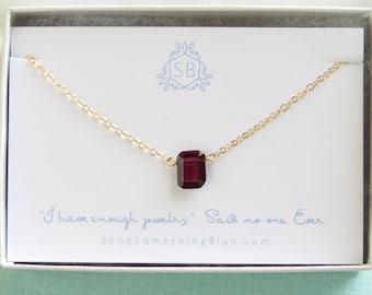 Garnet Necklace • Emerald Cut Garnet • January Birthday Gift • Garnet Birthstone • Red Faceted Rectangle • Deep Red Garnet Pendant
