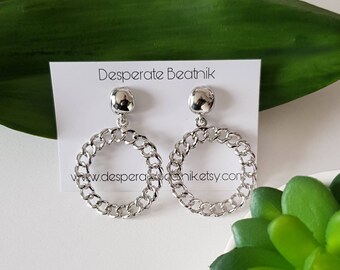 Medium size 50s 60s style silver tone hoops earrings ( posts or clip ons)