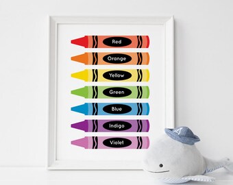 Printable crayon nursery art - educational colour print - fun learning tool - preschool learning - rainbow colours wall art