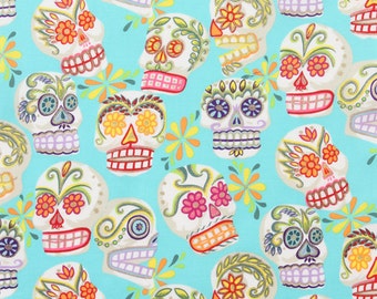 Calaveras Turquoise Metallic Glitter - By Alexander Henry G5428C 100% Quilters Cotton Available in Yards, Half Yards and Fat Quarters