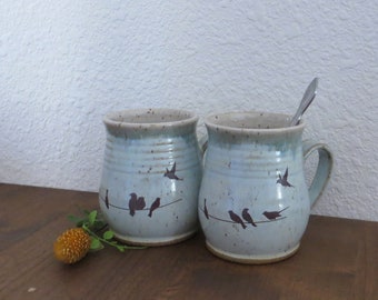 Mug Cup Set of 2 - Handmade Stoneware Ceramic Pottery - Hinting Blue and White - Birds - 16 ounce