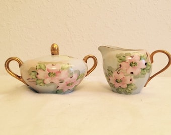 Vintage 1970 Hand Painted Sugar Bowl and Creamer Set