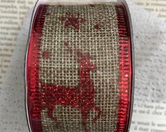 Christmas linen/red glitter Ribbon