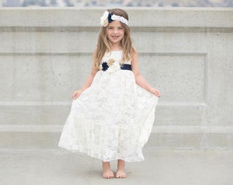 Navy blue and ivory lace flower girl dress, flower girl dresses, ivory lace flower girl, baby dress, girl dresses, junior bridesmaid dress