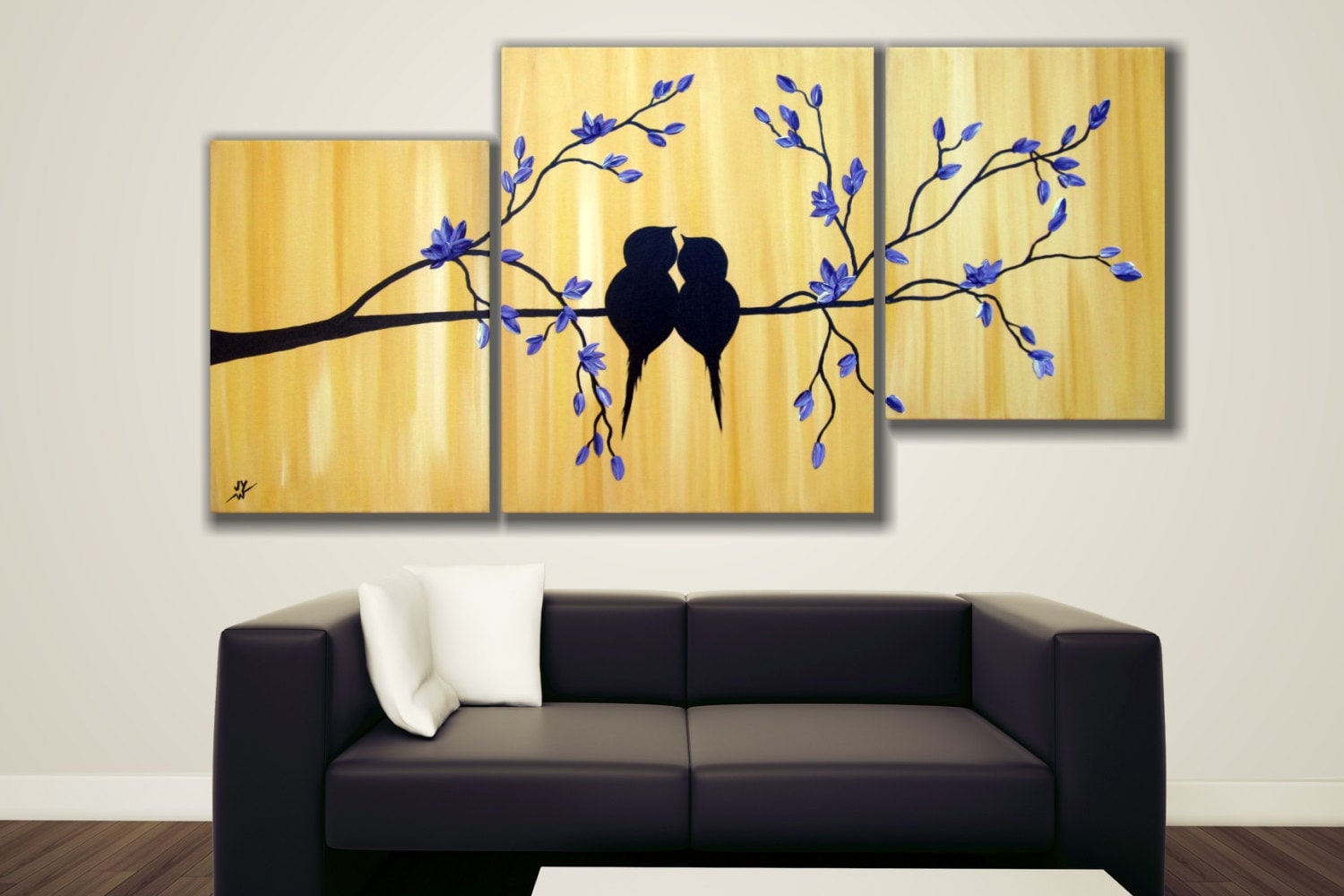 Purple and Gold Painting- Love Birds on tree blossom, triptych painting, canvas art, 40\ Purple and Gold Painting- Love Birds on tree blossom, triptych painting, canvas art, 40\