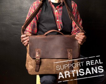 Mens Leather Briefcase, Waxed Canvas Courier Bag, Canvas Briefcase, Mens Courier Bag