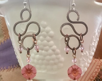 Pink flower, copper and sterling silver earrings
