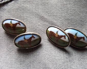 Silver and Enamel Racehorse Cuff Links
