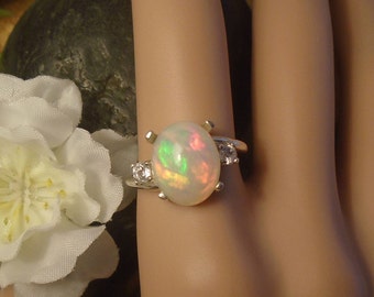 Brilliant Sky Blue Ethiopian Fire Opal 2 Birthstone Accent Gems Ring, Sterling Silver, 2.82 Cts 11.6 x 9.5 mm Natural Welo Ethiopian Opal