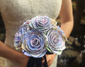 Map Paper Rose Bouquet, Travel Bridal Bouquet, Paper Wedding Roses, Dallas Handmade Paper Bouquet, Custom Made to Order Bouquet