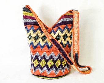 Crochet tote - Tribal shoulder bag - Woven Chevron tote - Aztec shoulder bag - Woven market bag- Multi colored woven bag - Summer beach bag