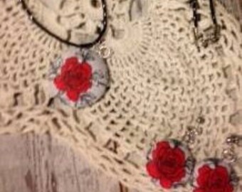 VINTAGE rose fabric button bead Necklace and post dangle Earrings
