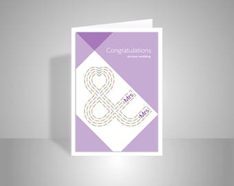 LGBT Mrs & Mrs card Congratulations on your wedding card, gay lesbian wedding card heart rainbow typography add personalised message
