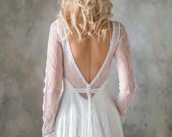 Long Sleeve bohemian wedding dress, boho wedding dress, lace wedding dress, backless wedding dress, boho bridal gown, bridal dress