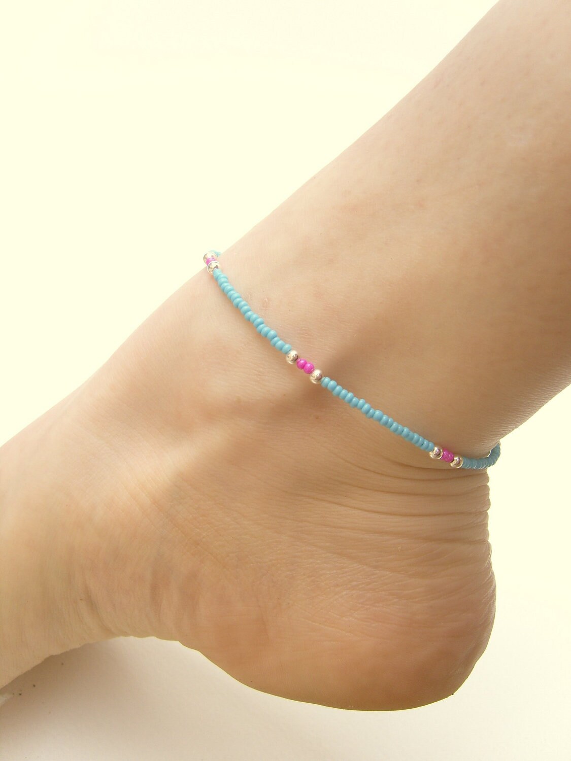 Seed Bead Anklet Pink and Blue Beaded Anklet Beach Jewelry