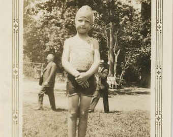 vintage photo 1930s Little Girl in Her Swimsuit and Cap