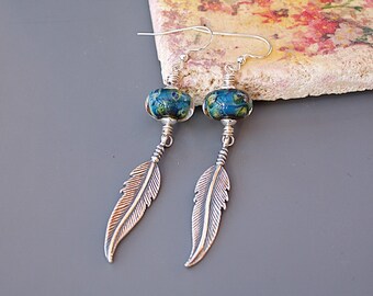 Sterling Silver Feather Earrings - Long Blue Earrings