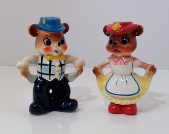 Two Vintage Cute Ceramic Dressed Bears Salt & Pepper Shakers