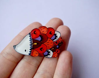 Hedgehog brooch, woodland illustrated jewelry, red purple animal brooch