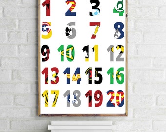 Superhero Numbers, Superhero Print, Batman, Superman, Spiderman, Captain America, Superhero Nursery, Superhero Wall Art, Superhero Printable