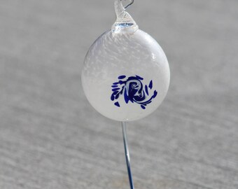 Hand Blown Glass Ornament - White and Cobalt Blue Twist