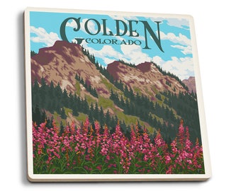 Golden, CO - Fireweed & Mountains - LP Artwork (Set of 4 Ceramic Coasters)