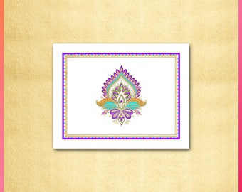 Indian Note Card / Mehndi Inspired Design / Moroccan, Middle East, India / Purple, Pink, Orange, Green, Aqua / Bollywood / Invitation