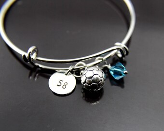 Soccer Bracelet Silver Soccer Charm Bangle Number Charm Soccer Team Soccer Mom Gift Soccer Coach Gift Personalized Bracelet Initial Charm