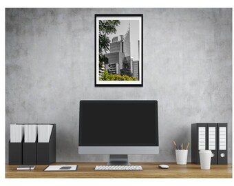 Urban glass building and trees