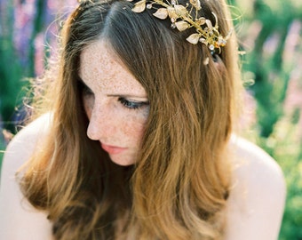 Golden bridal crown, wreath, hair accessory with mix of beautiful beads