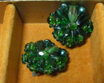 Vintage Beaded Earrings EMERALD GLASS West Germany Clip Green