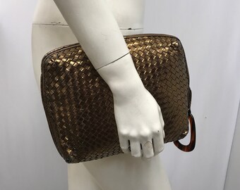 Vintage BOTTEGA VENETA WOVEN Leather Clutch Bronze Wristlet