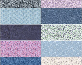 Fat Quarter Bundle. Lot of 10 Ditzy Small Floral Calico Fat Quarters in Blues and Purples. Quilting, Sewing and Craft Project Cotton Fabric.