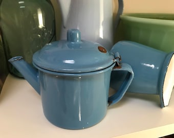 Blue Enamelware Teapot Individual Enamelware Pot Shades of Blue Enamel Country Kitchen Farmhouse Farm House