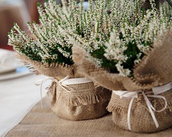 Rustic Wedding Decoration, burlap plant wrap with satin tie, wedding favor and dramatic centrepiece